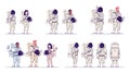 Cosmonauts in space suits flat vector illustrations set. Multiracial male and female astronauts standing and holding