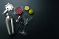 Cosmopolitan cocktail ingredients with bar equipments Royalty Free Stock Photo