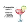 Cosmopolitan cocktail ingridients list recipe. Watercolor hand drawn illustration on white background with text aside