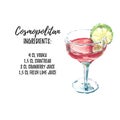 Cosmopolitan cocktail watercolor illustration with ingridients list, isolated on white background. For menu design Royalty Free Stock Photo