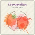 Cosmopolitan. Hand drawn vector illustration of cocktail. Colorful watercolor background