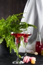 Cosmopolitan or margarita cocktail garnished with a macaroons and berries on a dark background with a green flower Royalty Free Stock Photo