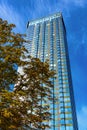 Cosmopolitan residential tower at Twarda 2/4 street and Grzybowski square in downtown Srodmiescie district in Warsaw, Poland