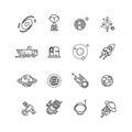 Cosmos, astronomy and astrology space line vector icons