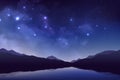 Cosmos background with realistic stardust, nebula, shining stars, mountains and lake. Royalty Free Stock Photo