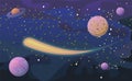 Cosmos background. Starry sky landscape. Planets and their satellites. A bright comet. Flat style. Cartoon design