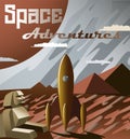 Cosmos banner with rocket and slogan `Space Adventure`. Vector illustration. Retro futurism.