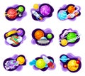 Cosmos with Celestial Body and Flying Spaceship on Fluid Purple Shape Vector Composition Set