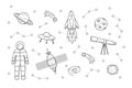 Cosmos doodle is a set of vector illustrations. Icons of space elements rocket cosmonaut stars satellite telescope comet Royalty Free Stock Photo