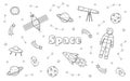 Cosmos doodle is a set of vector illustrations. Icons of space elements rocket cosmonaut stars satellite telescope comet Royalty Free Stock Photo