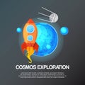 Cosmos exploration banner vector illustration. Spaceship travel to new planets and galaxies. Space trip future