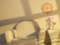 Cosmos flower in glass vase with clock and shadow scene 3D render