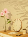 Cosmos flower in glass vase with clock and shadow scene 3D render