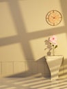 Cosmos flower in glass vase with clock and shadow scene 3D render