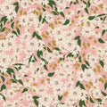 Cosmos flower and olives illustration motif seamless repeat pattern light retro pink background Royalty Free Stock Photo