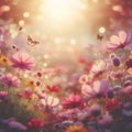 Cosmos flowers in the meadow with butterfly, vintage color tone Royalty Free Stock Photo