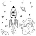 Cosmos. Hand-drawn rocket, planets and another doodle space objects. Black and white. Vector illustration, isolated on Royalty Free Stock Photo