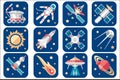 Cosmos icons set. Cartoon spacecrafts, alien saucers, astronaut, falling comet, sun and space satellites. Exploration