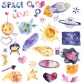 Space in love watercolor elements set