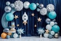 Cosmos magic ballon planets pattern with stars smash cake backdrop, anniversary, custom-made, colorfull