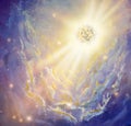 Cosmos oil painting beautiful large glowing planet moon in rays of sun concept art. Fantasy abstract blue mountains space universe Royalty Free Stock Photo