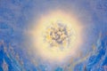 Cosmos oil painting beautiful large glowing planet moon in rays of sun concept art. Fantasy abstract blue mountains space universe