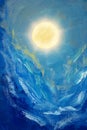 Cosmos oil painting beautiful large glowing planet moon in rays of sun concept art. Fantasy abstract blue mountains space universe