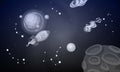 Cosmos with planets banner vector illustration. Spaceship travel to new planets and galaxies. Space trip future