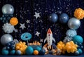 Cosmos magic ballon planets pattern with stars smash cake backdrop, anniversary, custom-made, colorfull