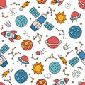 Cosmos. Seamless pattern in doodle and cartoon style. Color.