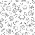 Cosmos. Seamless pattern in doodle and cartoon style. Outline. Black and white