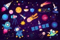 Cosmos set graphic elements in flat design. Bundle of cute astronaut, spaceships, planets, comets, stars, satellites, asteroids