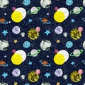 Cosmos and space seamless pattern, hand drawn illustration. Dark blue night sky background with stars and planets