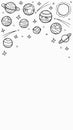 Cosmos template for stories, empty space for text. Hand-drawn doodle stars and planets of the solar system. Vertical format,
