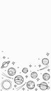 Cosmos template for stories, empty space for text. Hand-drawn doodle stars and planets of the solar system. Vertical format,