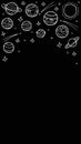 Cosmos template for stories, empty space for text. Hand-drawn doodle stars and planets of the solar system, white line art on