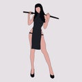 Cosplay beautiful woman with black suit ninja. Vector illustration isolated