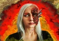 Cosplay on Daenerys Targaryen in white colored lenses with dragon skin against a fire Royalty Free Stock Photo