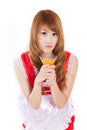 Cosplay of Maid drink Orange juice glass on white backgound. Royalty Free Stock Photo