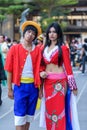 Cosplayer as characters Monkey D. Luffy and Boa Hancock from One Piece