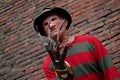 Cosplayer dressed up Freddy Krueger, character from the movie Nightmare on Elm Street at the Lucca Comics and Games 2022.