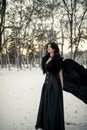 Cosplayer in image of a character Yennefer of Vengerberg from the game or film The Witcher in winter forest at sunset