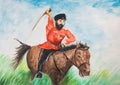 Cossack with a sword on a horse.