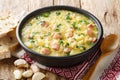 Cossack Ukrainian rich soup kulish made of millet, potatoes, onions with bacon close-up in a plate. horizontal