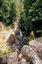 View of the waterfalls `The paradise of dogs` from the stone bridge Roman bridge, surrounded by nature