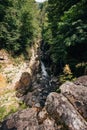 View of the waterfalls `The paradise of dogs ` from the stone bridge Roman bridge, surrounded by nature