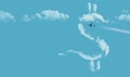 The cost of air travel is illustrated with clouds in the shape of a dollars sign and a jet airliner with contrail in a blue sky