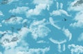 The cost of air travel is illustrated with clouds in the shape of a dollars sign and a jet airliner with contrail in a blue sky Royalty Free Stock Photo