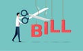 Cost cut or reduction concept. Business efficiency and cost optimization symbol. Businessman cutting bill alphabet vector Royalty Free Stock Photo