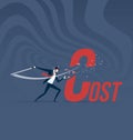 Cost cutting. Businessman cut Cost word with sword